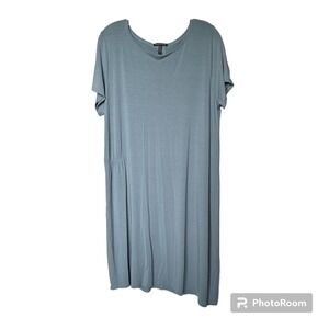 Eileen Fisher Asymmetrical Dress Womens L‎ Viscose Spandex Blend Side Ruched